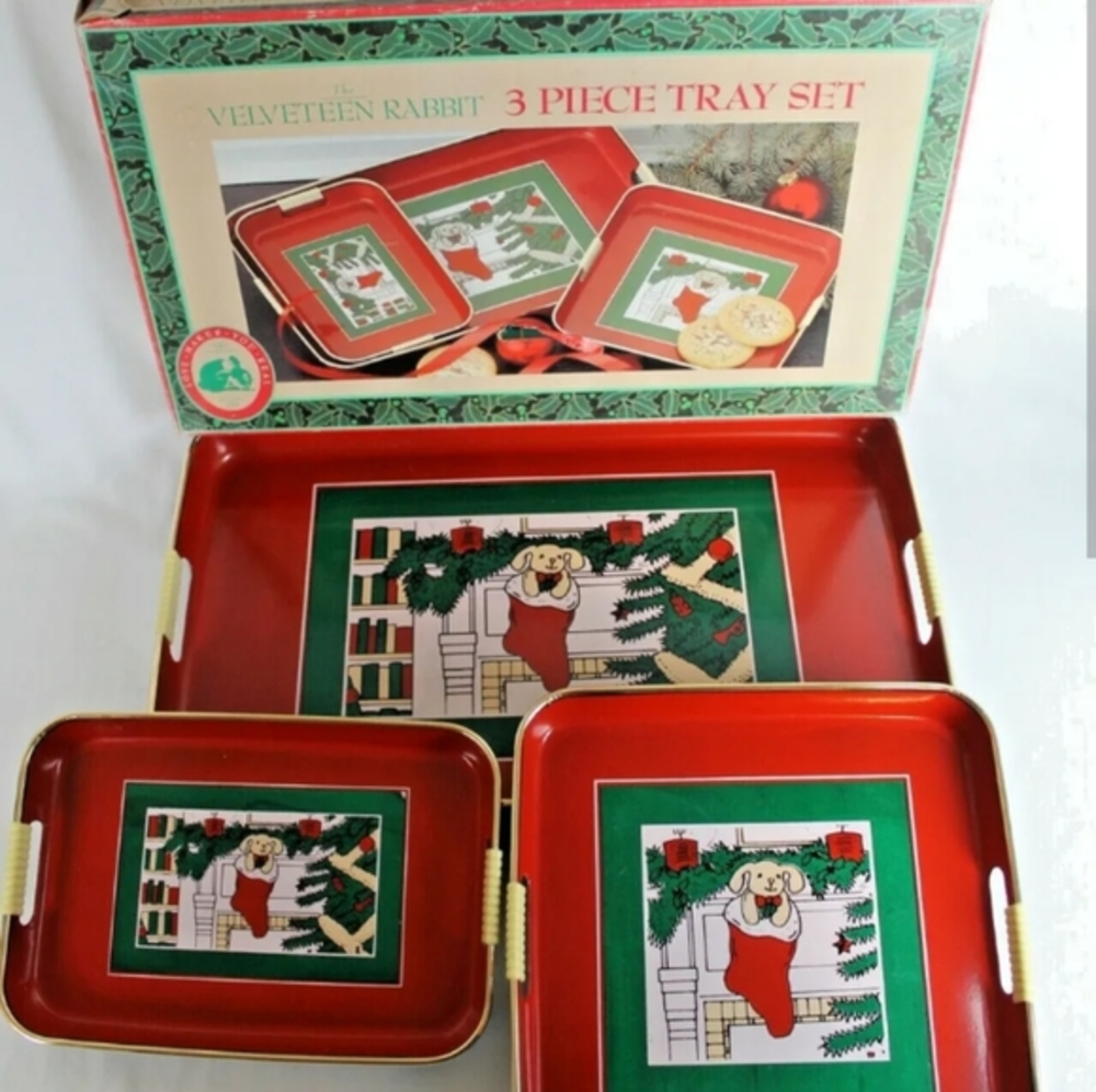 Vintage NIB Velveteen Rabbit Christmas Set 3 Trays 1985